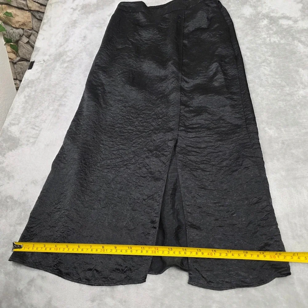 High Waisted Pencil Midi Skirt Textured Crinkle Front Slit Women XL Black GOOD